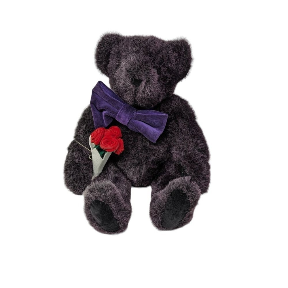 Vermont Teddy Bear Purple Handmade Plush Stuffed Animal Toy w/ Bowtie and Roses